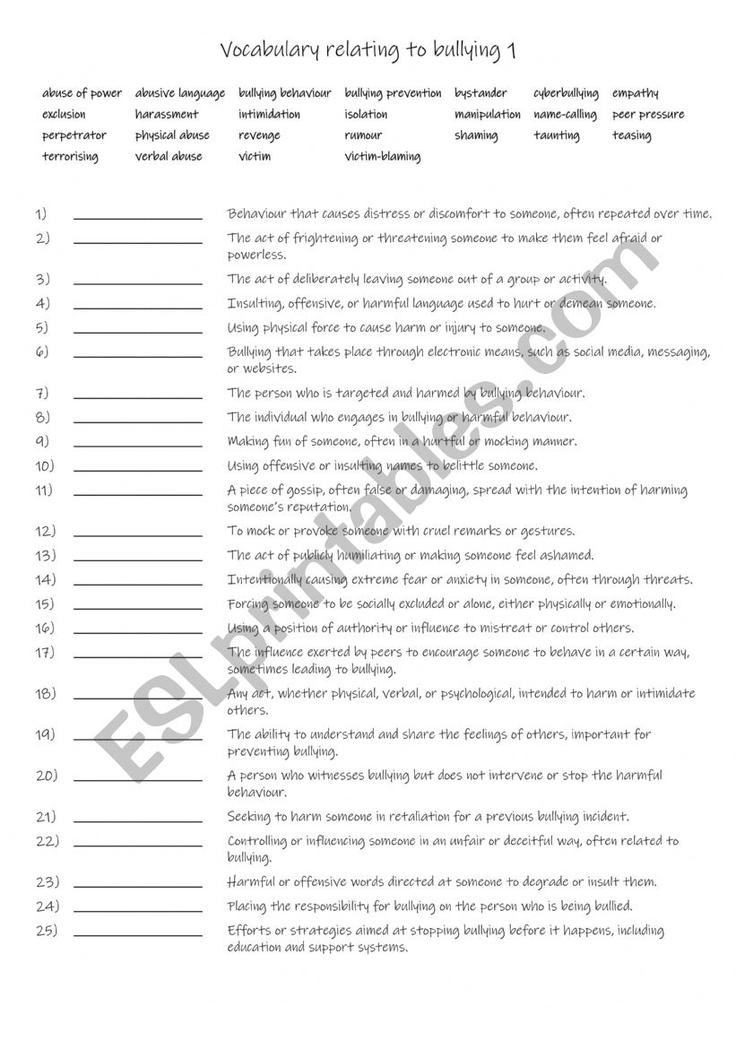 B1+-C1 Vocabulary relating to bullying 1