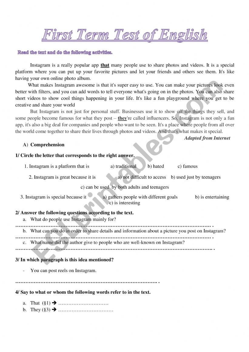 Instagram worksheet