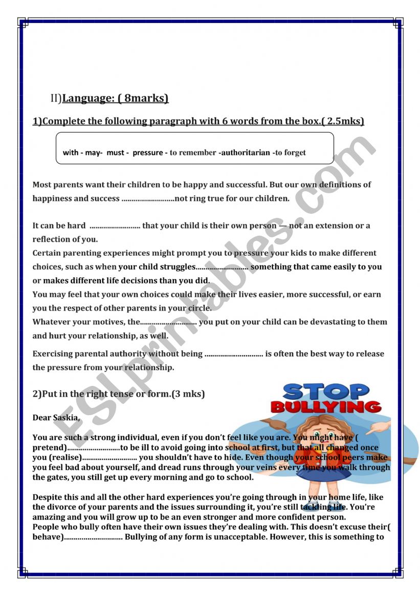 full term English test worksheet
