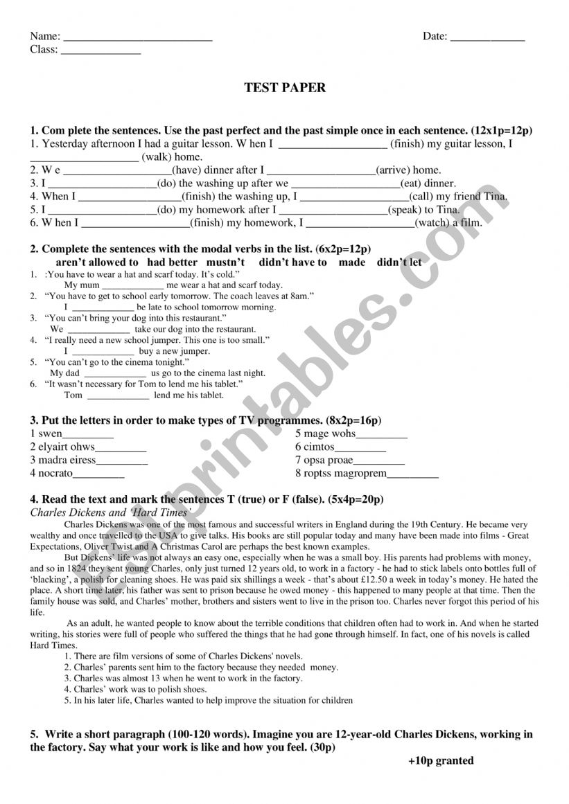 test worksheet
