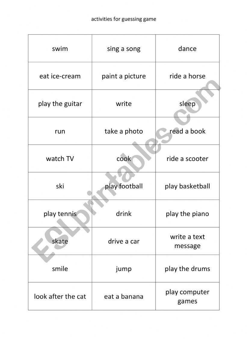 pantomime guessing game worksheet