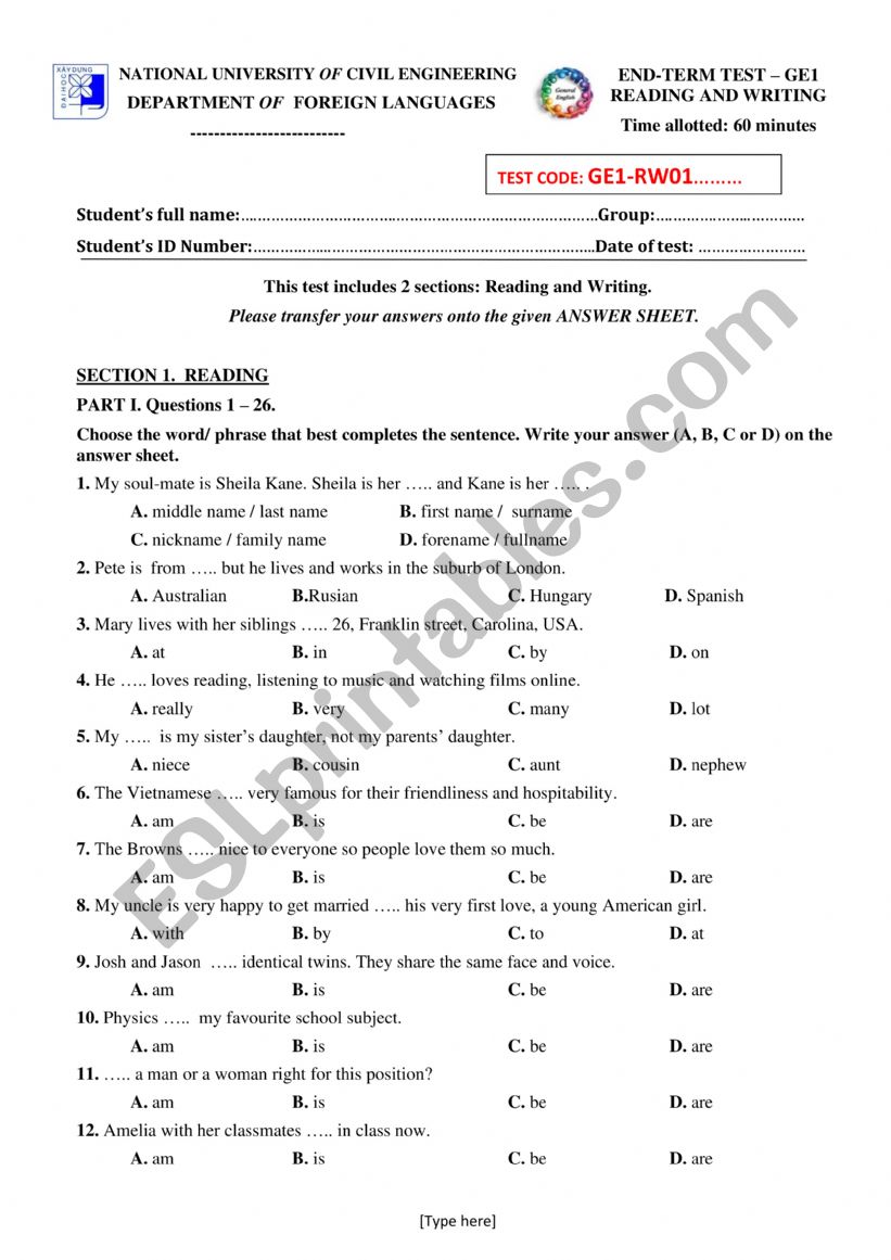 PRACTICE TEST NEW HEADWAY ELEMENTARY
