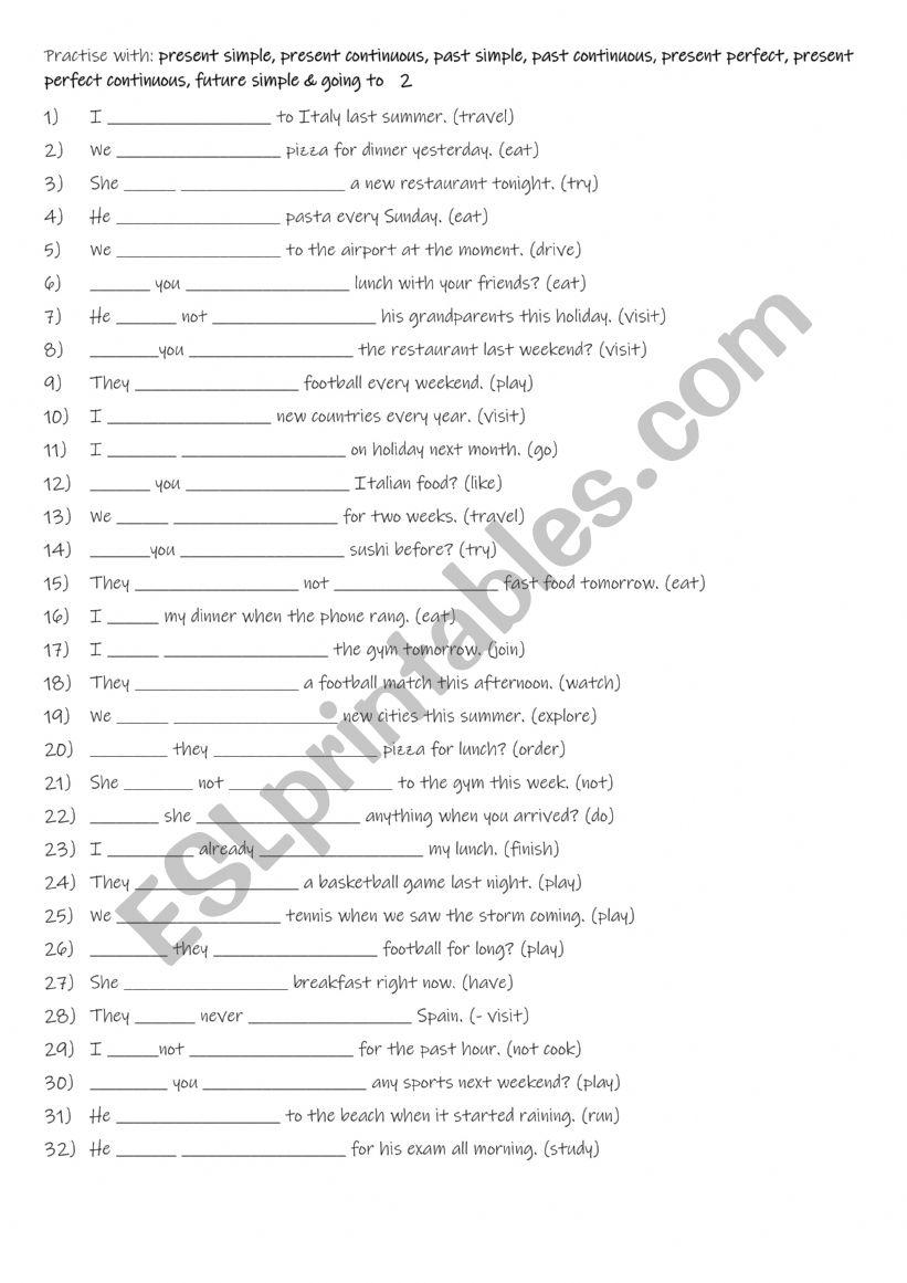 A2+-B1 Practise with present simple, present continuous, past simple, past continuous, present perfect, present perfect continuous, future simple & going to   2