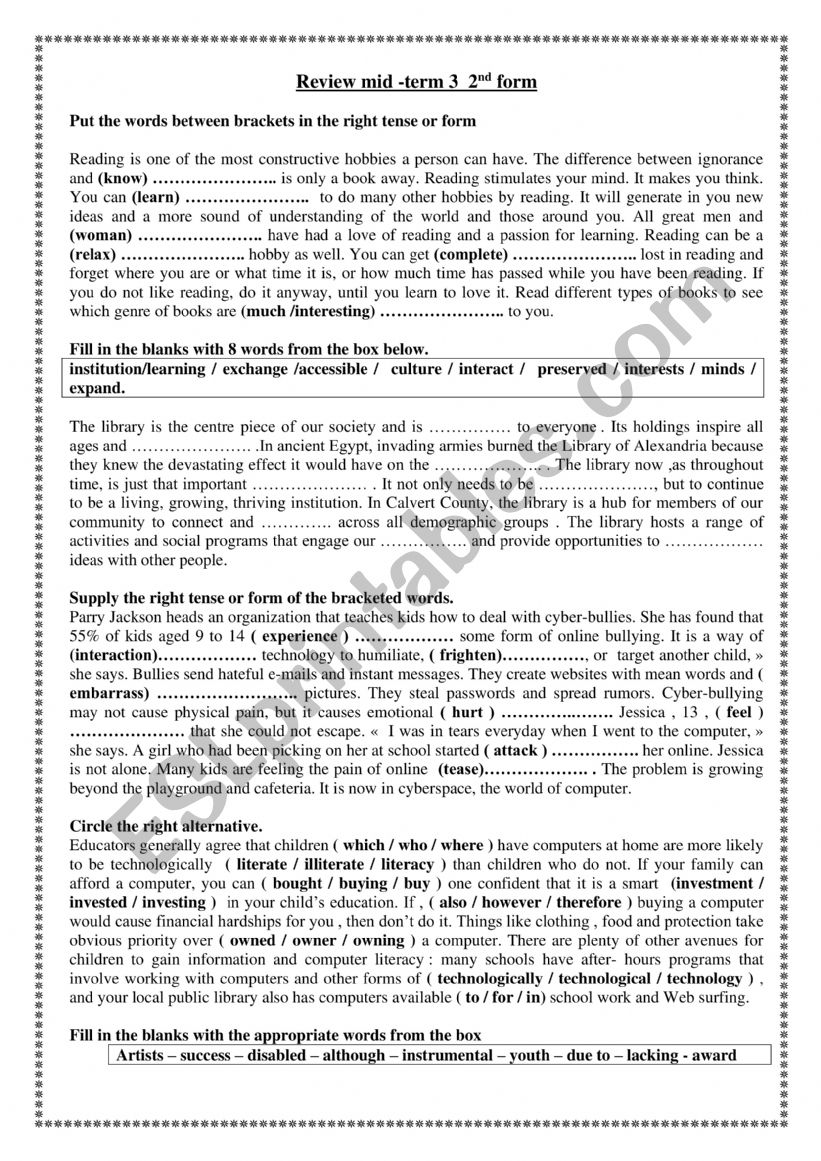 CONSOLDATION TASKS worksheet