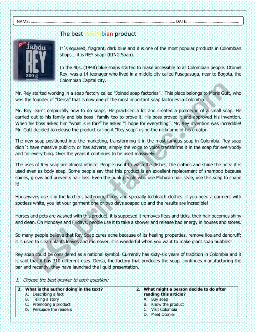 THE BEST COLOMBIAN PRODUCT worksheet