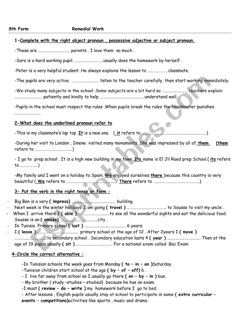 remedial tasks worksheet