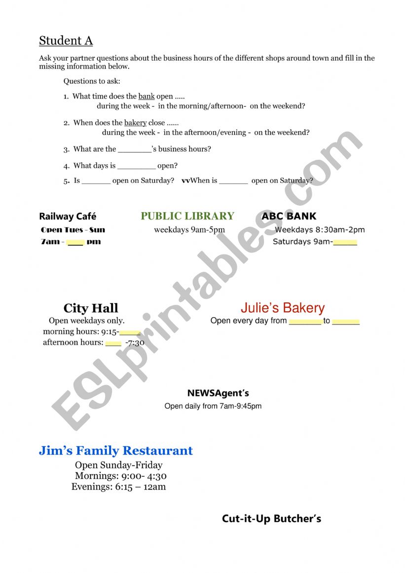 Information Gap Business Hurs worksheet