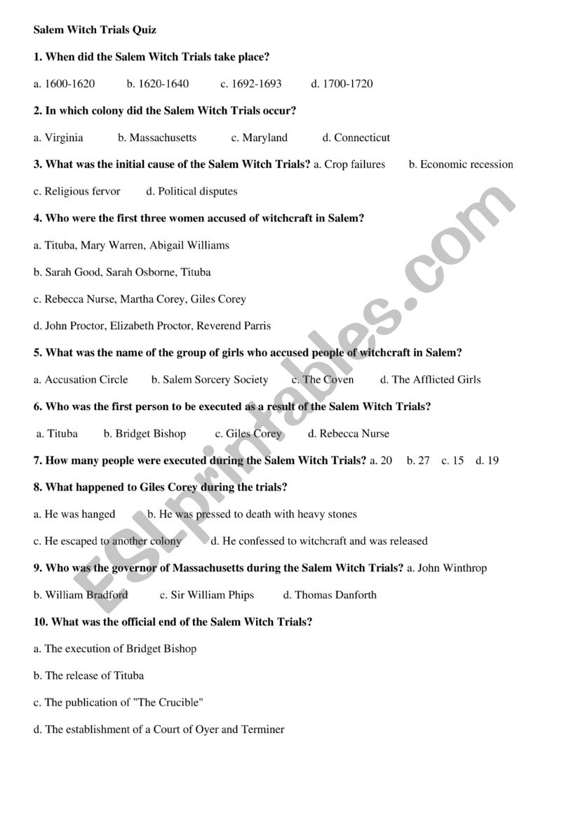 Salem Witch Trials worksheet