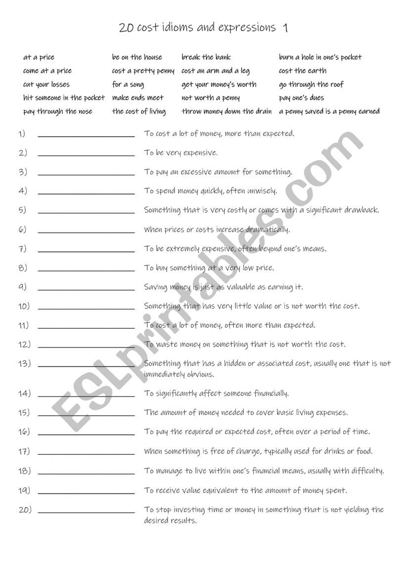 B1+-C1 20 idioms and expressions for cost  1