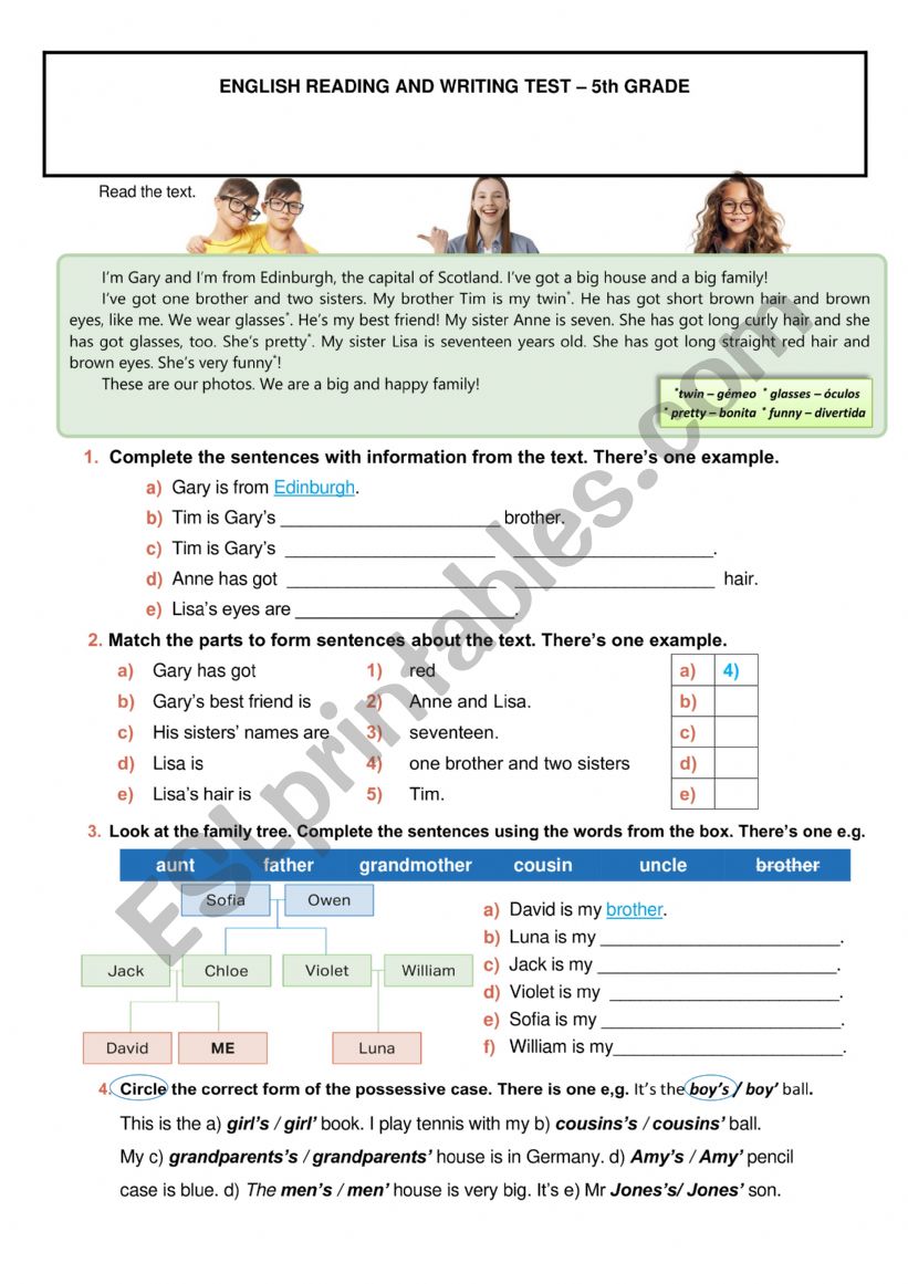 Worksheet about family and physical description