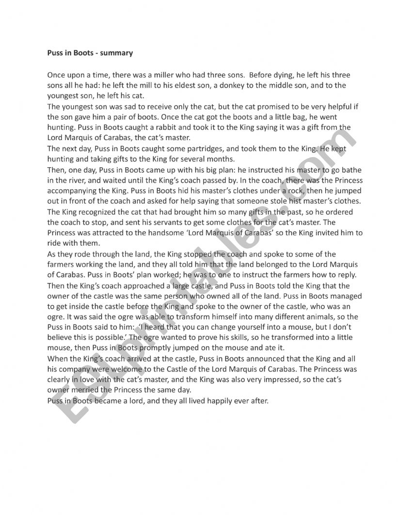 Puss in boots worksheet