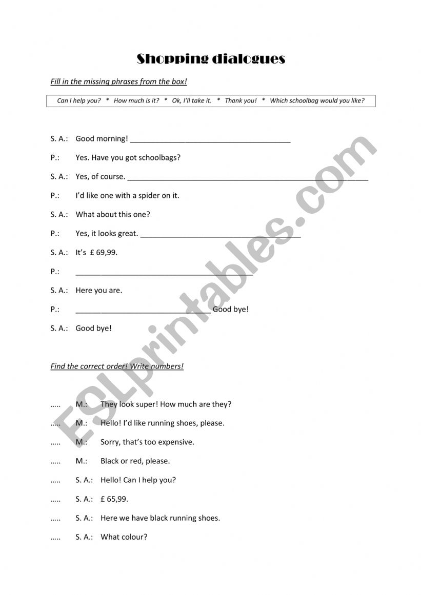 Shopping dialogue worksheet
