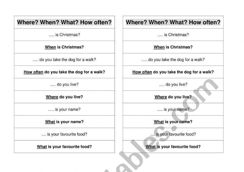 Question words worksheet
