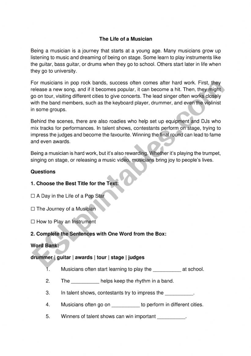 The life of a musician  worksheet
