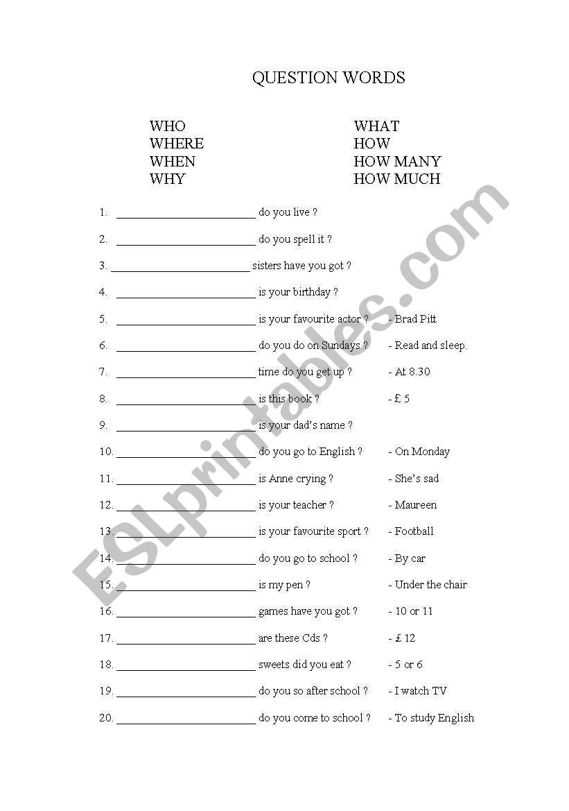 Question Words worksheet