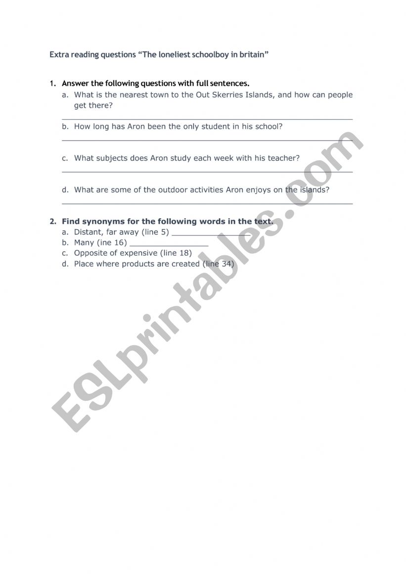 Extra reading questions - The loneliest boy in Britain
