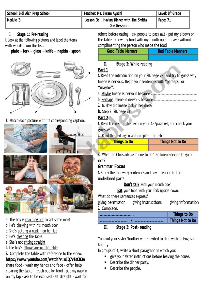 8th Grade - Module 3 - Lesson 3 - Having Dinner with The Smiths + Group Session