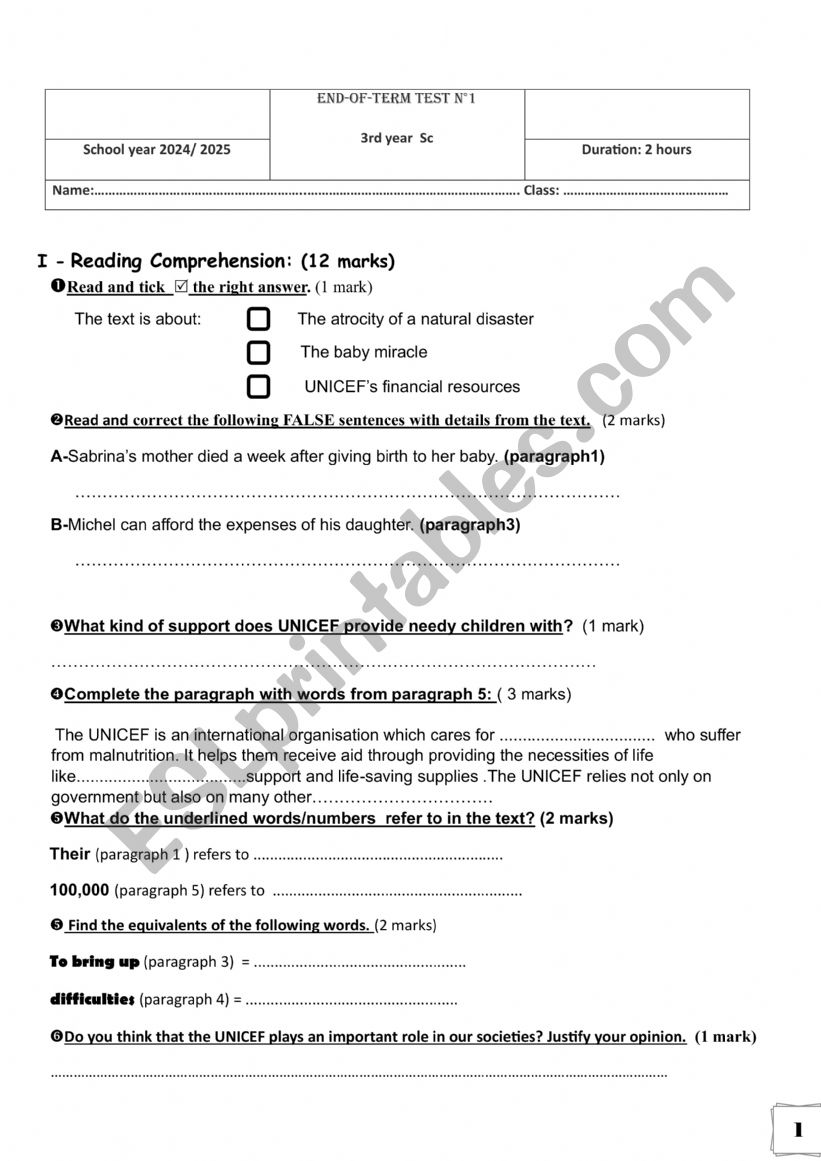 end of term test 1 (3rd form) worksheet