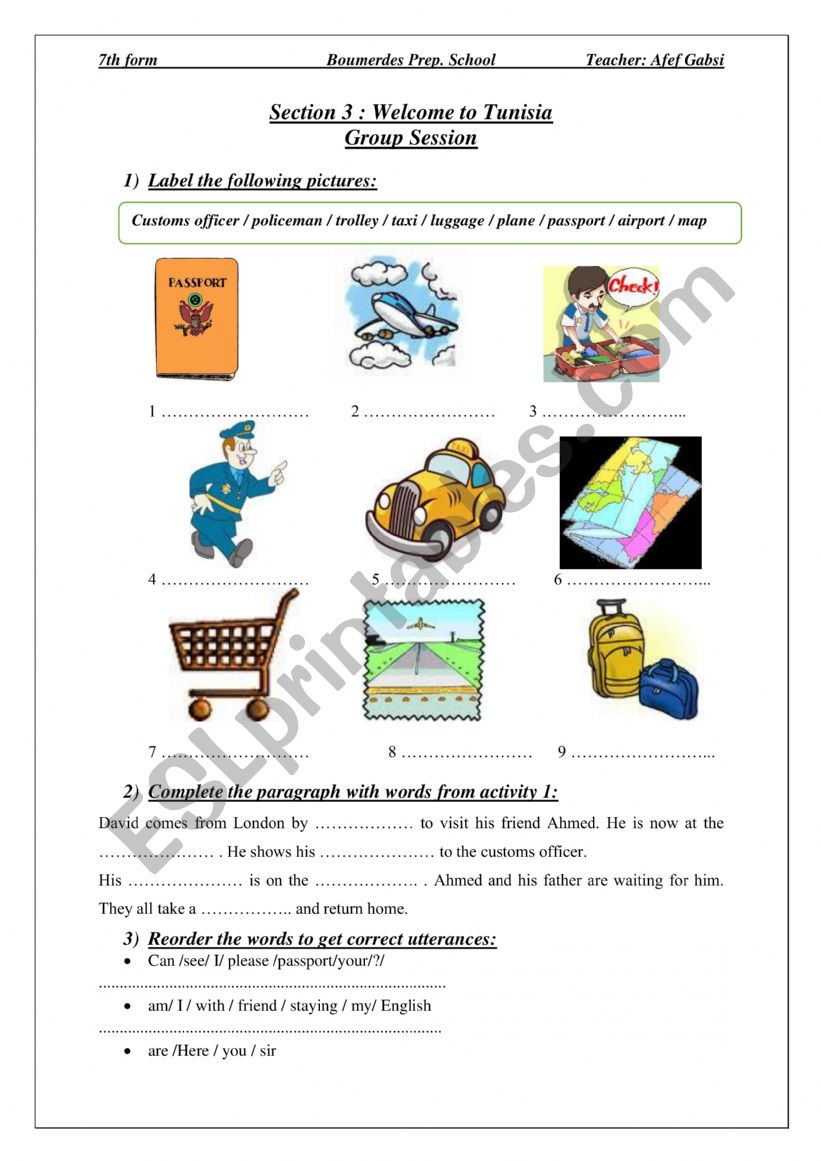 section welcome to tunisia worksheet