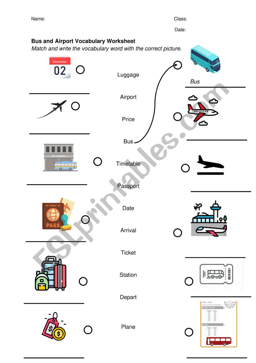 Bus and Airport Vocabulary Worksheet