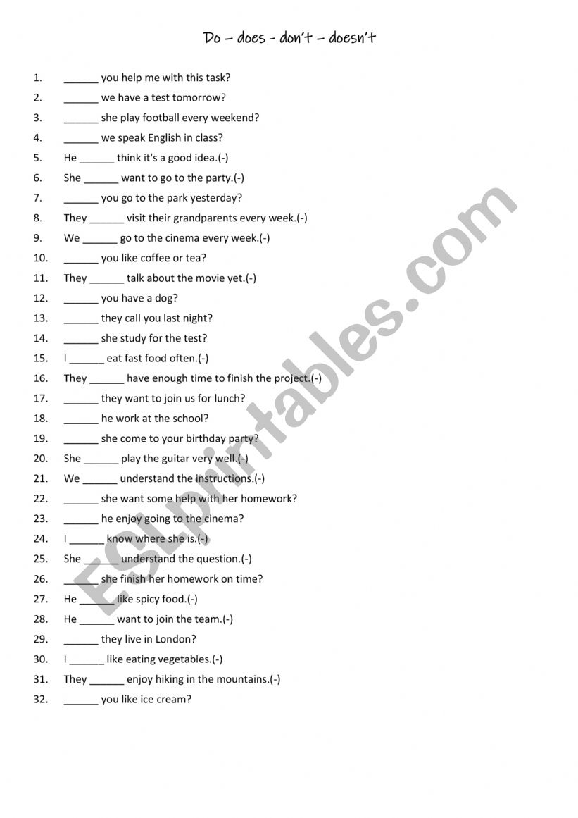 Do - does - dont - doesnt worksheet