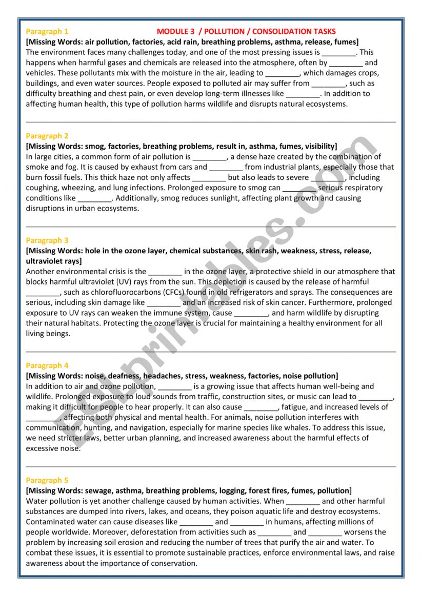 MODULE 3  /POLLUTION /REVIEW  worksheet