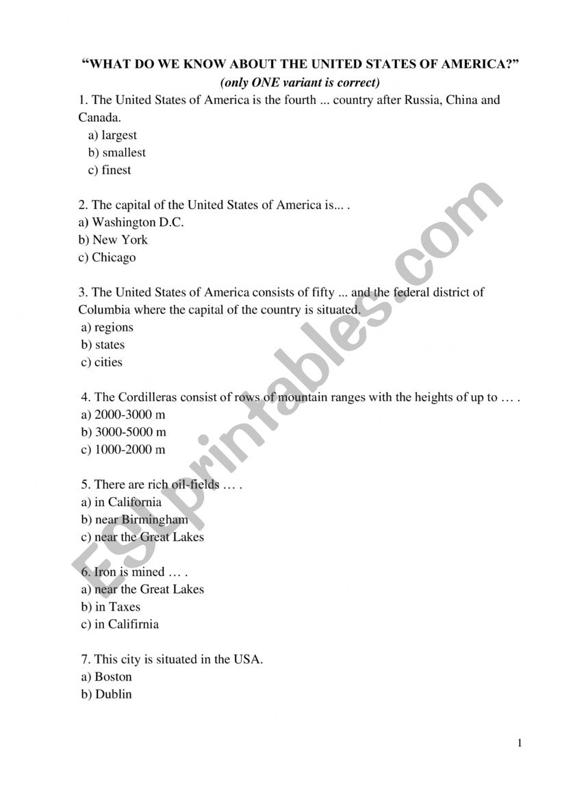 The USA Countrustudy worksheet