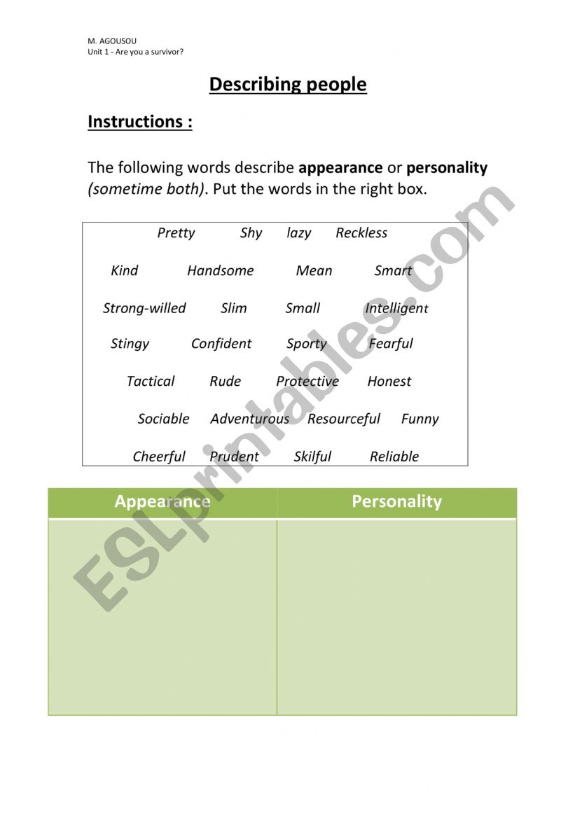 Appearance and personality worksheet