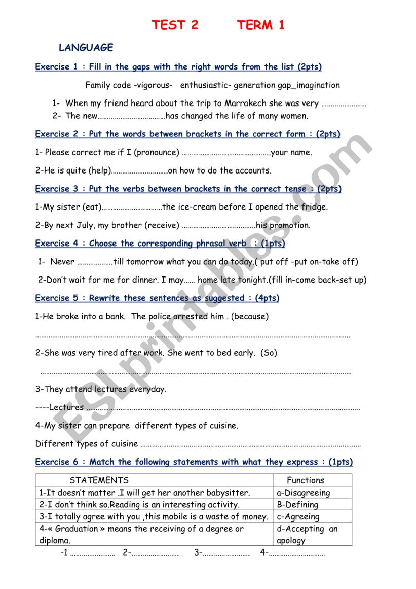 TEST2 TERM 1     2nd year bac students 
