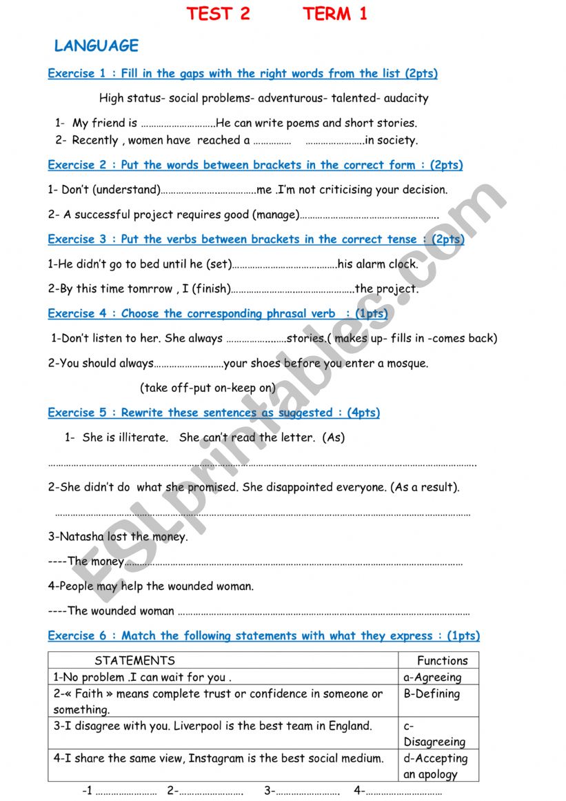 TEST 2 TERM 1 2nd Year Bac Students