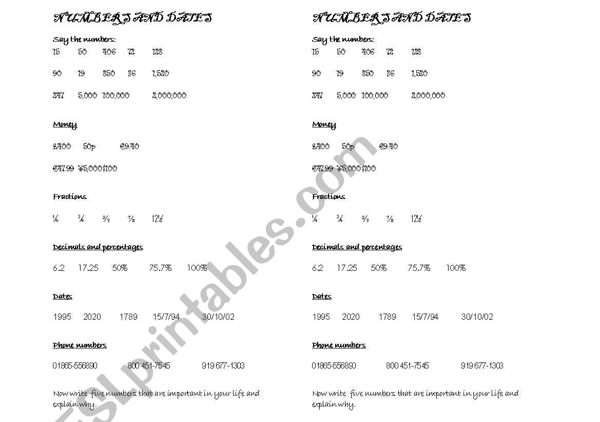 numbers and dates worksheet