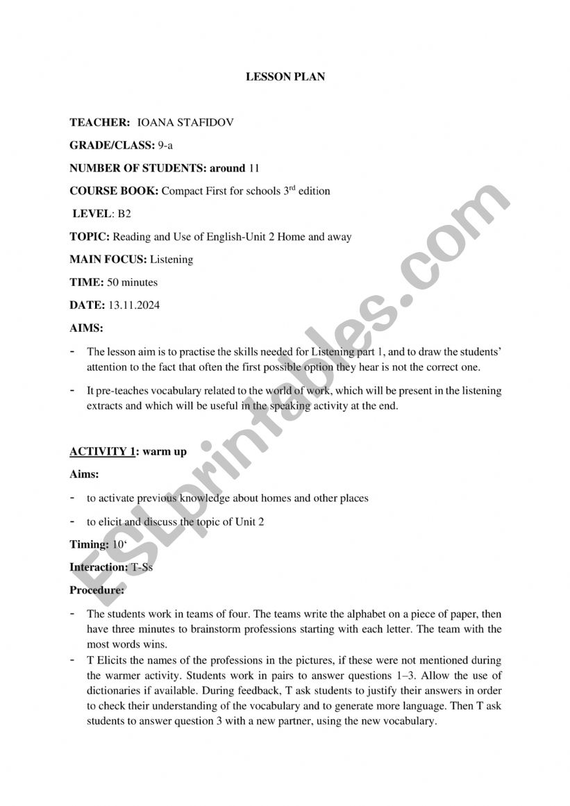 Plan de lectie cls IX worksheet