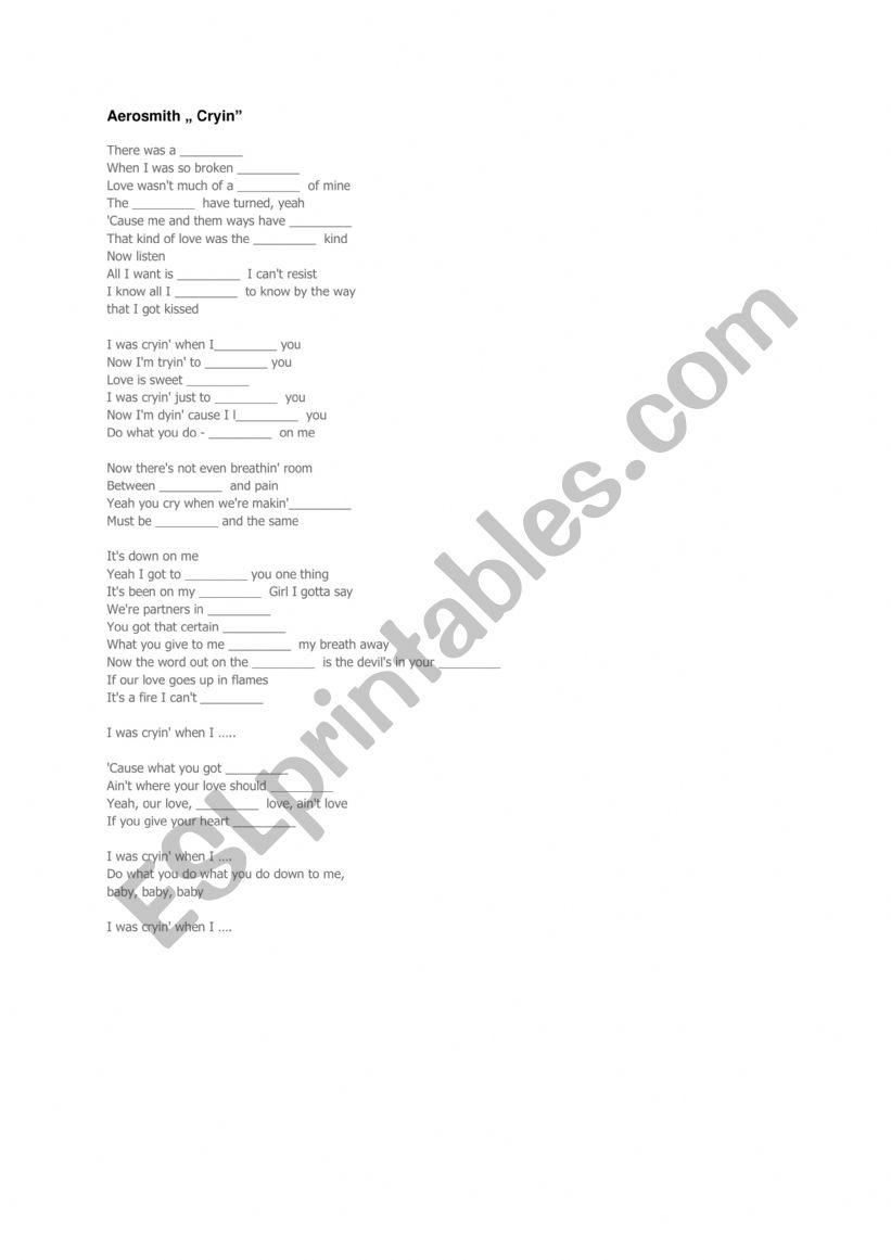 Aerosmith Crying lyrics worksheet