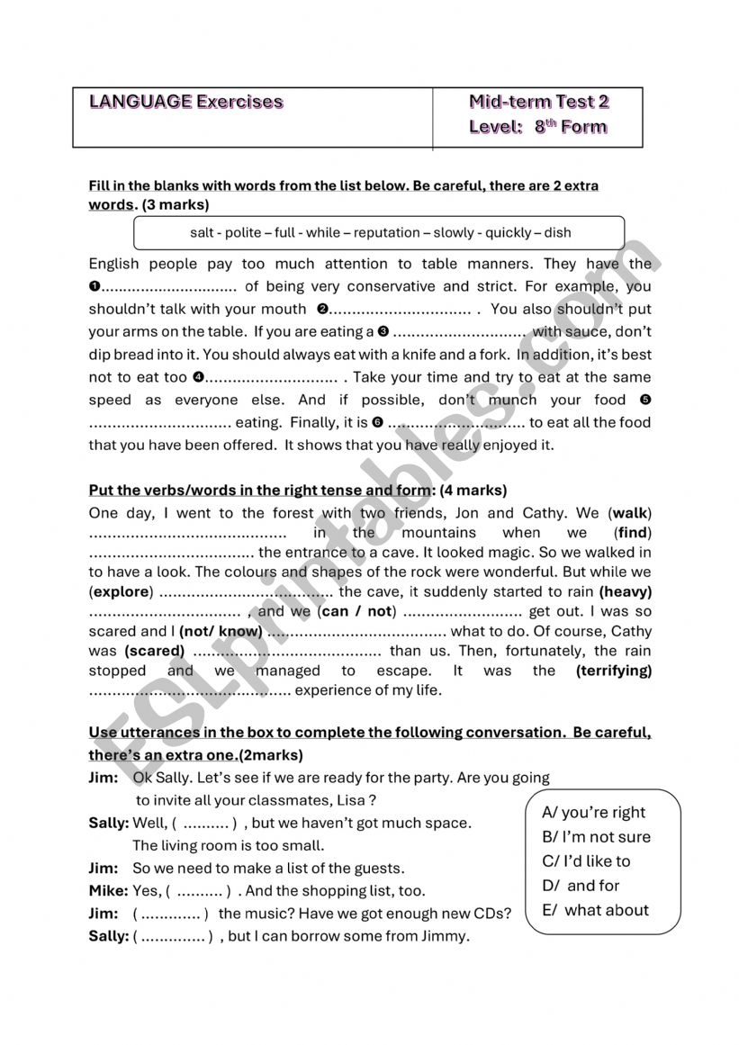 Language Mid term Test 8th Form