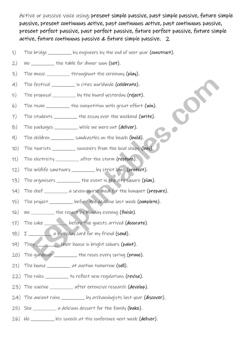 B1-B2 Active or passive voice using: present simple passive, past simple passive, future simple passive, present continuous active, past continuous active, past continuous passive, present perfect passive, past perfect passive, future perfect passive, fut B1-B2 Active or passive voice using: present simple passive, past simple passive, future simple passive, present continuous active, past continuous active, past continuous passive, present perfect passive, past perfect passive, future perfect passive, fut
