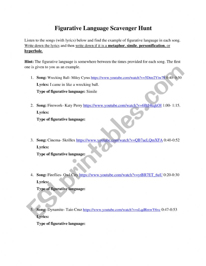 Figurative Language Activity worksheet
