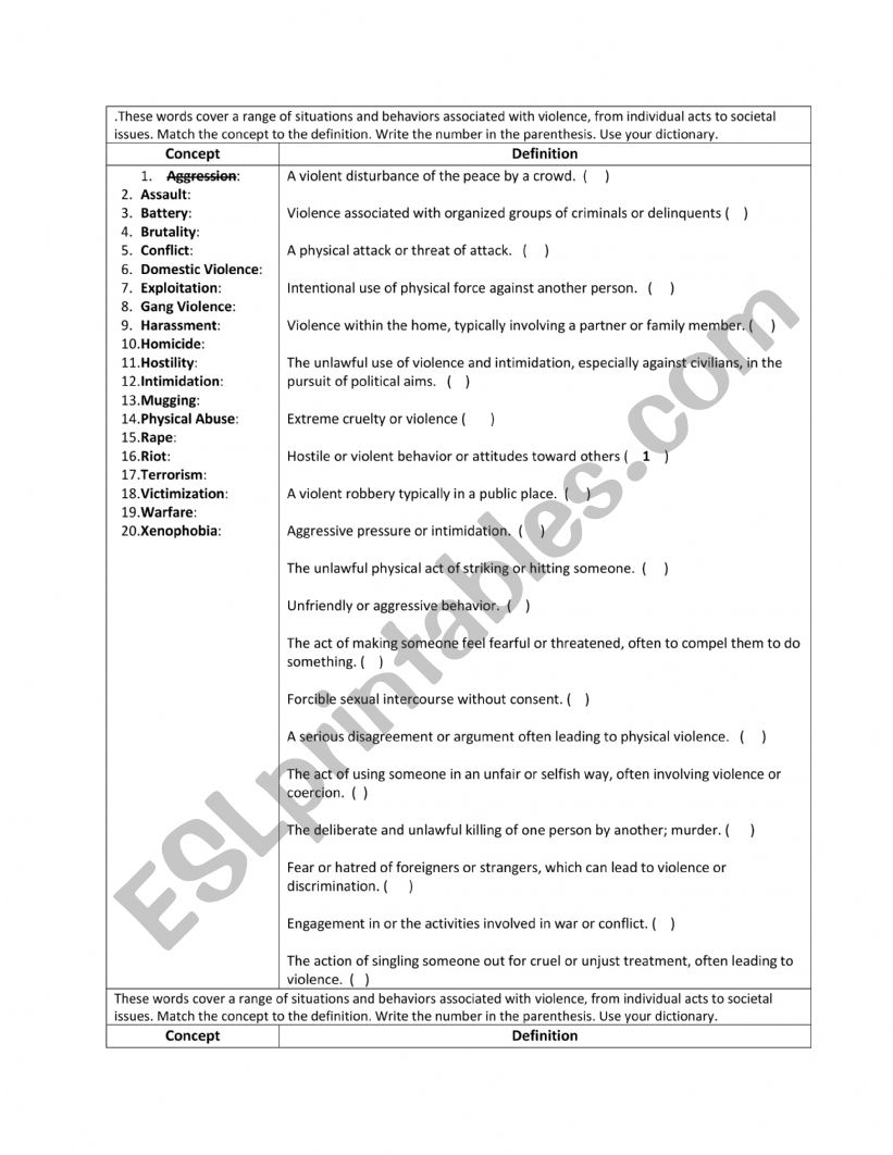 Say No to Violence worksheet