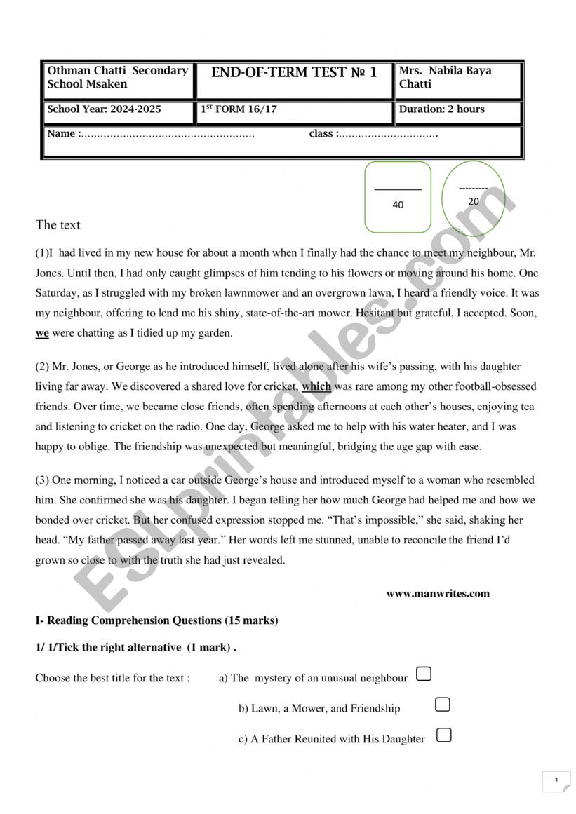 End - O - Term Test N1 worksheet