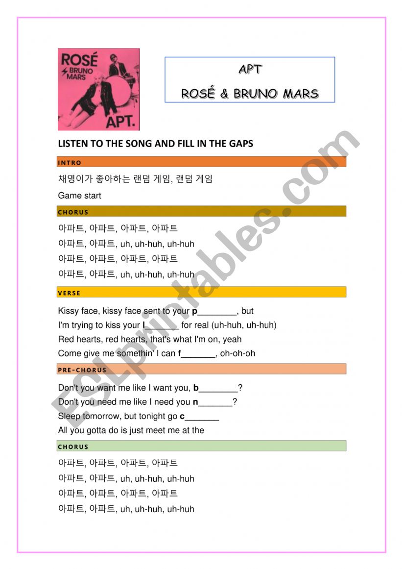 APT by Ros and Bruno Mars. Fill in the gaps.