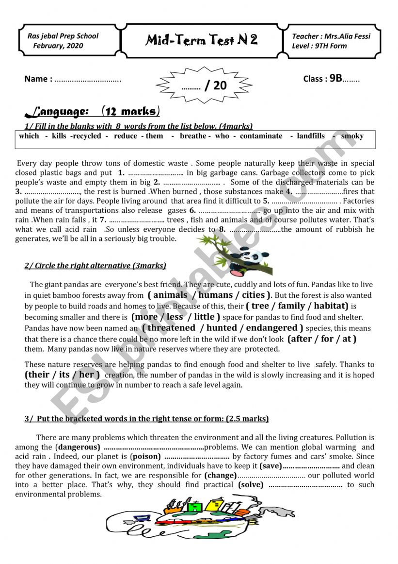 MID-TERM TEST 2 FOR 9TH FORM  worksheet