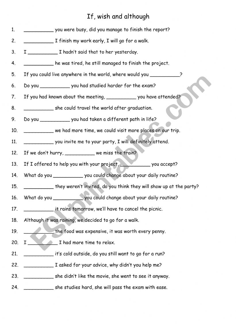 If, wish and although 1 worksheet If, wish and although 1 worksheet