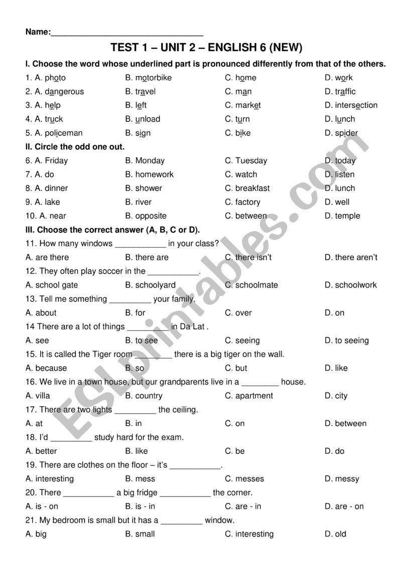 Test Unit 2 - English 6 worksheet