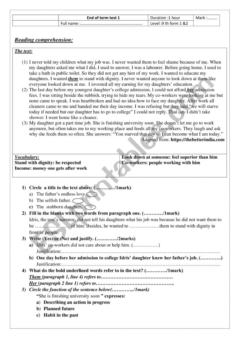 9th form end of term test 1 worksheet