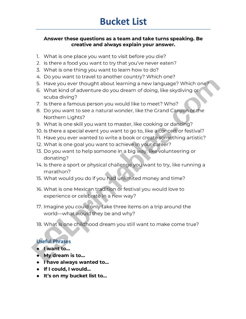 Bucket List conversation worksheet