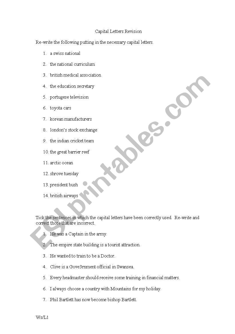 Captial Letters Revision worksheet