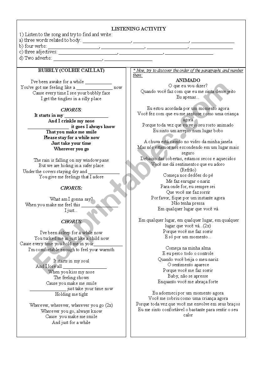 Bubbly- Colbie Caillat / listening activity