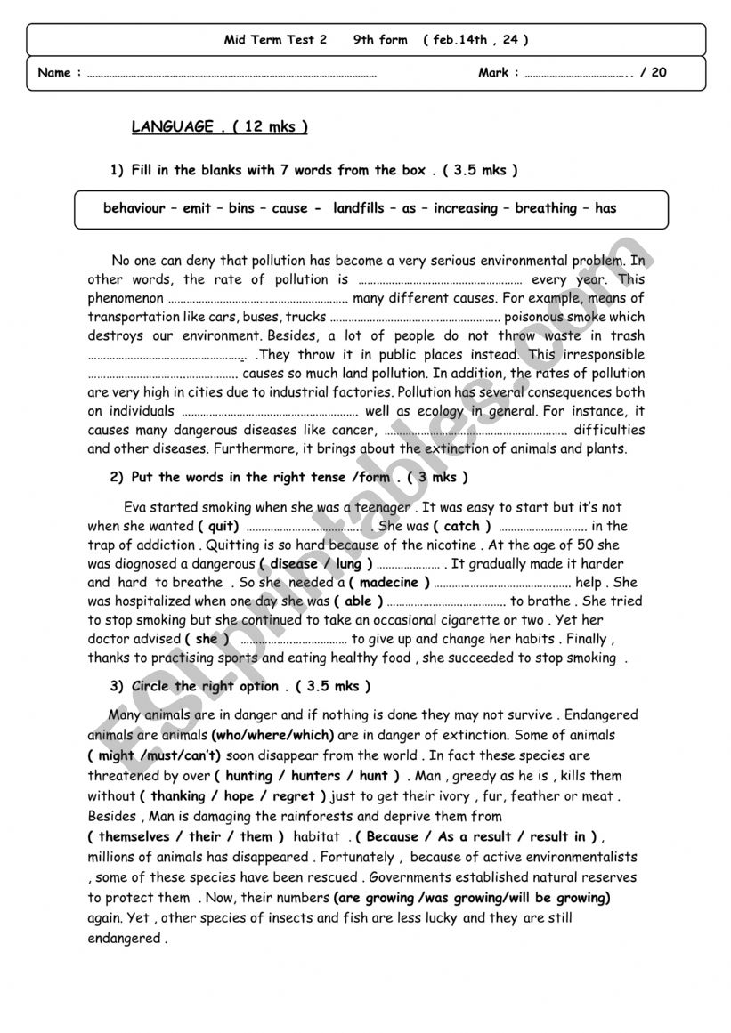 mid term test 2 9th form  worksheet