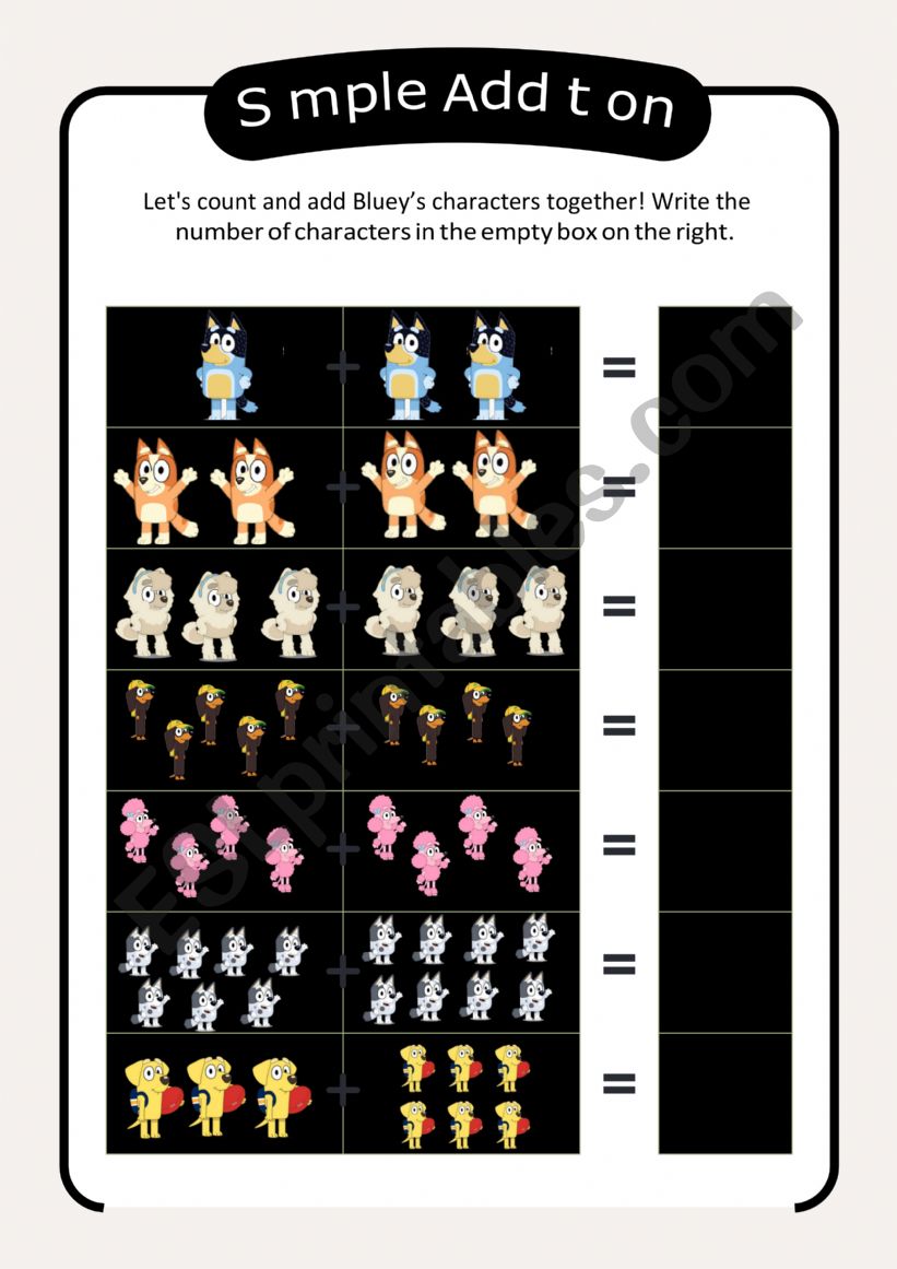 BLUEY SIMPLE ADDITION WORKSHEET