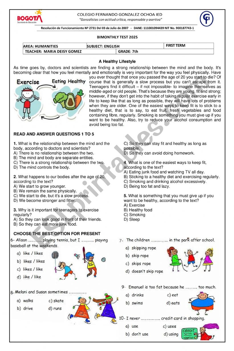 exam worksheet