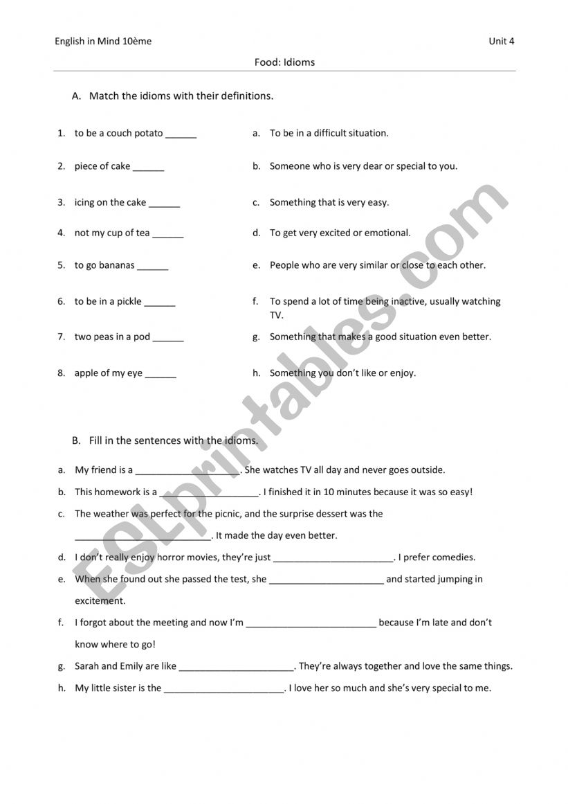 Food idioms worksheet